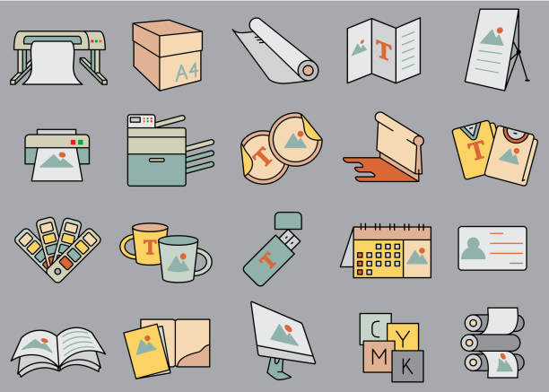 Print Shop Color Icons Clip Art Icons for various uses Easy resize. Vector EPS file and image jpeg full HD. printout stock illustrations