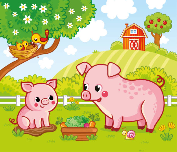 векторная иллюстрация со свиньями на ферме в мультяшном стиле. яркая красивая картинка на тему сельского хозяйства - snail animal humor family stock illustrations