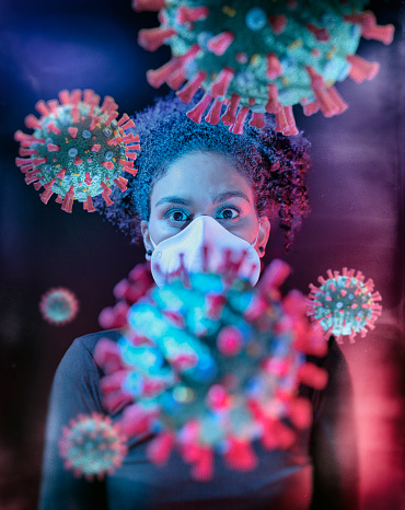 Woman afraid of Microscopic real 3D model of the corona virus COVID-19.\nThe image is a scientific interpretation of the virus with all relevant details : Spike Glycoproteins, Hemagglutinin-esterase, E- and M-Proteins and Envelope.
