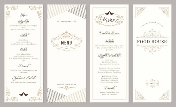 ilustraciones, imágenes clip art, dibujos animados e iconos de stock de templates_202 ornamentado vertical - menú de comida para boda