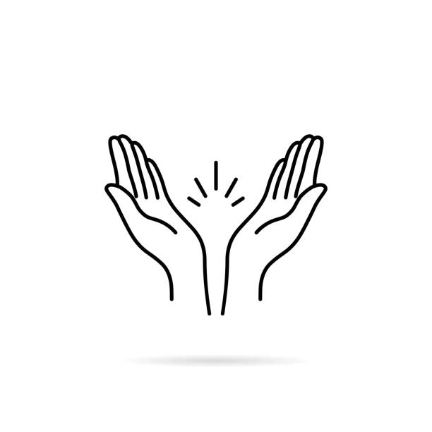 thin line prayer hands or applause thin line prayer hands or applause. concept of clapping arms like command work and good evaluation or cool assessment. contour flat style minimal graphic stroke art design isolated on white open hand stock illustrations