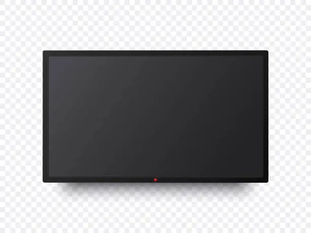 Vector illustration of Flat tv screen mockup. Black television display on the transparent wall isolated and with blank screen and shadow. Big computer screen or led tv panel. Vector technology illustration.