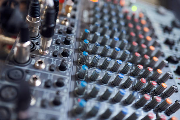 istock Microphone voice speaker on audio mixer machine in conference hall, seminar event or wedding ceremony party 1213259683