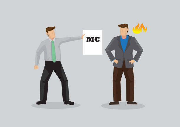 Boss Gets Angry Over Employee with Medical Certificate Vector Illustraiton Cartoon business professional giving his angry employer a card that reads MC, for medical certificate. Vector illustration of concept on sick leave isolated on grey background. sick leave cartoons stock illustrations