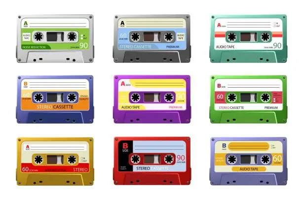Vector illustration of Music cassettes. Retro dj sound tape, 1980s rave party stereo mix, old school record technology. Web graphics, banners, advertisements, stickers