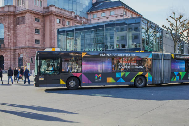 bus line 60 drives on the road in the city center of Mainz, Germany stock photo