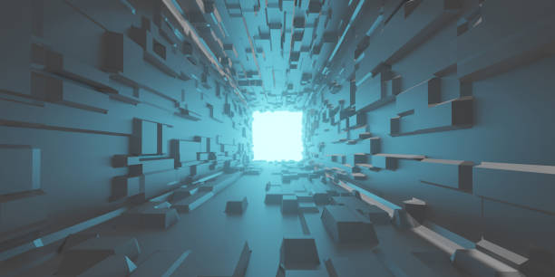 istock Abstract futuristic background, tunnel digital scene with blue light at the exit. circuit technology concept to show hardware data about internet of things,  science space background with copy space. 1213264546
