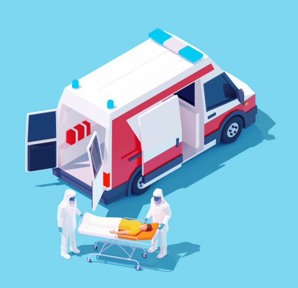 Vector isometric hospitalization with coronavirus Vector isometric ambulance hospitalization man with coronavirus disease or Covid-19. Doctors in protective masks hospitalize the patient with suspected infectious coronavirus or Covid-19 to hospital ambulance stock illustrations