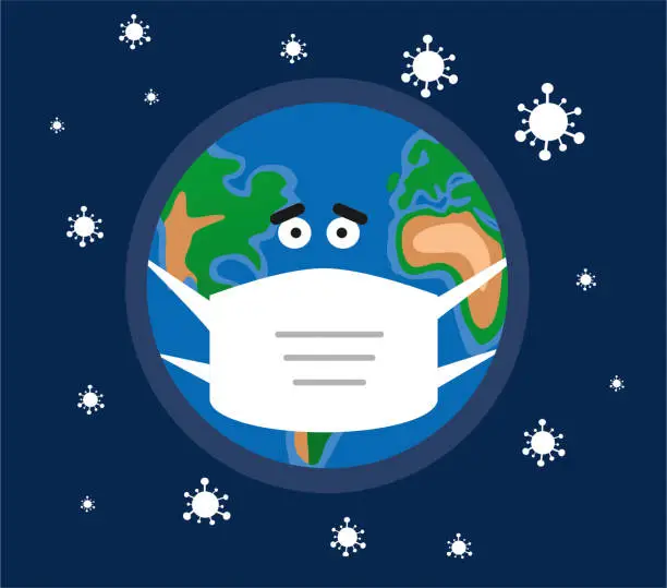 Vector illustration of Cartoon world wearing a medical mask for coronavirus