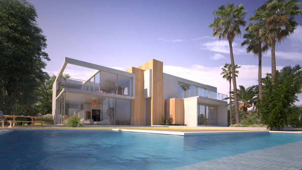 istock Modern villa with pool and exotic garden 1213266266