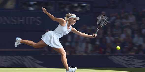 A close up image of a professional female tennis player stretched out in mid stride with racket held out ready to strike ball in a volley. The athlete is dressed in tennis whites and is running with mouth open, shouting with effort. She plays on grass in a generic arena.