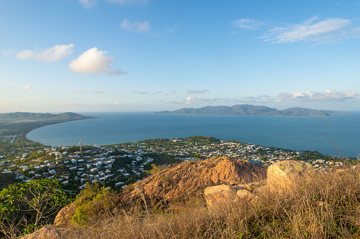 Townsville, Queensland, Australia - February 6, 2020: The city of Townsville and Magnetic Island seen from Castle Hill Lookout.