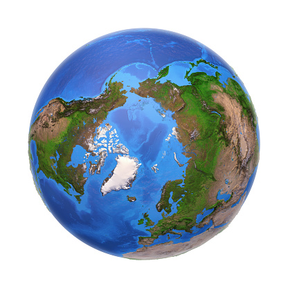 Arctic region viewed from a satellite. Physical map of North Pole in summer, August. 3D illustration of planet Earth isolated on white, with high bump effect (using Blender Software) - Elements of this image furnished by NASA (https://eoimages.gsfc.nasa.gov/images/imagerecords/73000/73776/world.topo.bathy.200408.3x5400x2700.jpg).