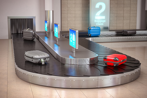Suitcases on the airport luggage conveyor belt. Baggage claim. Airport terminal. 3d illustration
