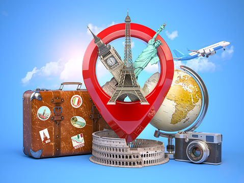 Travel and tourism concept. Pin pointer with famous tourist attractions, camera, suitcase and airplane. Eiffel tower, big ben, statue of liberty and coliseum. 3d illustration