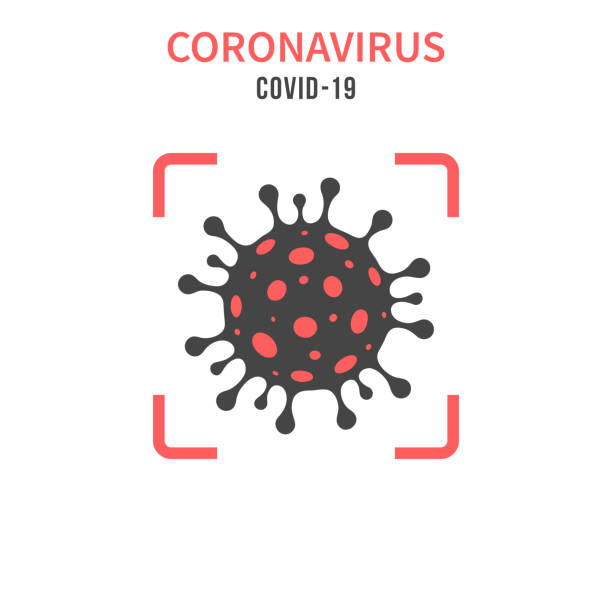 coronavirus-zelle (covid-19) in einem roten sucher auf weißem hintergrund - virus stock-grafiken, -clipart, -cartoons und -symbole