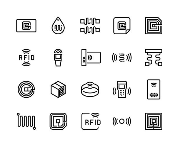 ilustrações de stock, clip art, desenhos animados e ícones de radio tag line icons. wireless rfid chip and radio-frequency identification, wireless antenna and electric circuit. vector set - fuel and power generation electricity flat power supply