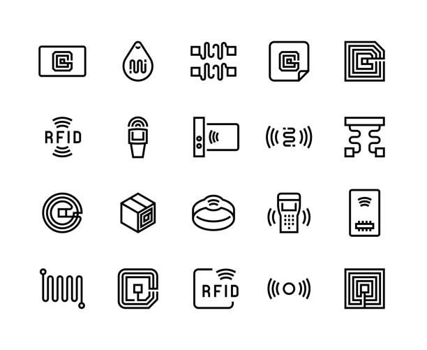 Radio tag line icons. Wireless RFID chip and radio-frequency identification, wireless antenna and electric circuit. Vector set Radio tag line icons. Wireless RFID chip and radio-frequency identification, wireless antenna and electric circuit. Vector illustration set tagging electronics semiconductors sound equipment silicone stock illustrations