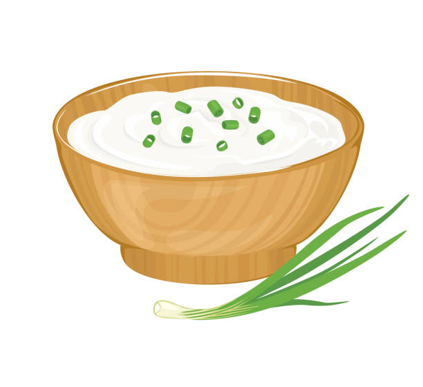 saure sahne mit grünen zwiebeln in holzschale isoliert auf weißem hintergrund. vektor-food-illustration in cartoon flachen stil. - quark stock-grafiken, -clipart, -cartoons und -symbole