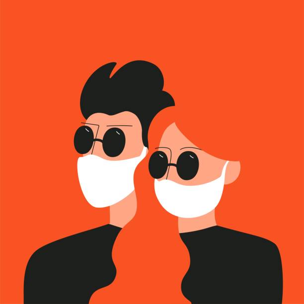 戴著太陽鏡和醫用面罩的男女。新型冠狀病毒 2019-ncov. - 愛情約會 插圖 幅插畫檔、美工圖案、卡通及圖標
