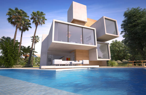 istock Designer home, exotic garden and pool 1213296307