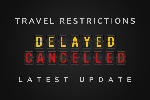 Travel restrictions latest update banner sign - Delayed and cancelled air travel public transport Travel restriction bans latest update banner sign - Closed borders, journey advisories and trip suspensions - Government restrictions on non essential travelling - Delays and cancelled flights concept stranded stock illustrations