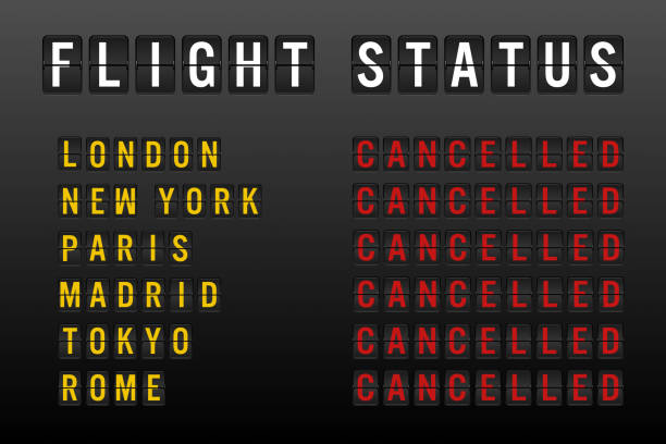 Airline flight status board with cancelled grounded flights and disruption to domestic and international air travel Flight status board with cancelled worldwide flights and passenger chaos due to global travel ban restrictions - Airline delays and cancellations on departure sign - Disruption and lockdown concept stranded stock illustrations