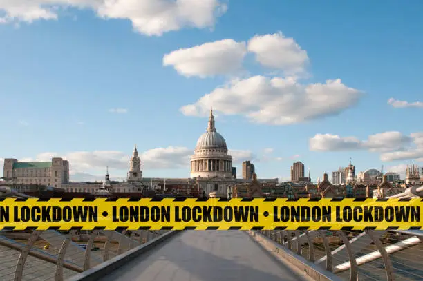 London lockdown concept: an empty millennium bridge with St. Paul cathedral on the background bordered by a yellow and black safety tape with the word london lockdown