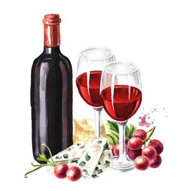 butelka i kieliszek czerwonego wina, winogron i sera pleśniowego. ręcznie rysowana ilustracja akwarelowa, wyizolowana na białym tle - cheese wine white background grape stock illustrations