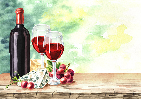 Bottle and Glass of red wine, grapes and mould cheese on wooden table in vineyard with blurry wine background with copy space. Hand drawn watercolor illustration