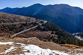 Independence Pass scenic byway highway 82 rocky mountain high angle view of switchback on road in Colorado autumn at continental divide