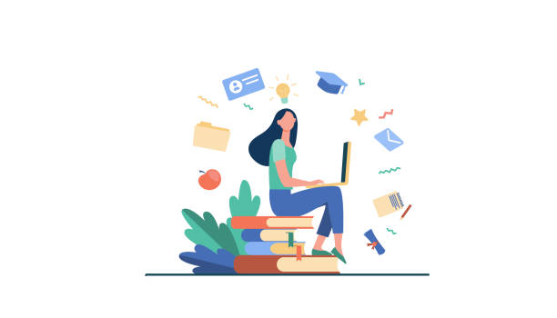 ilustrações de stock, clip art, desenhos animados e ícones de student with laptop studying on online course - lifestyles student university graduation