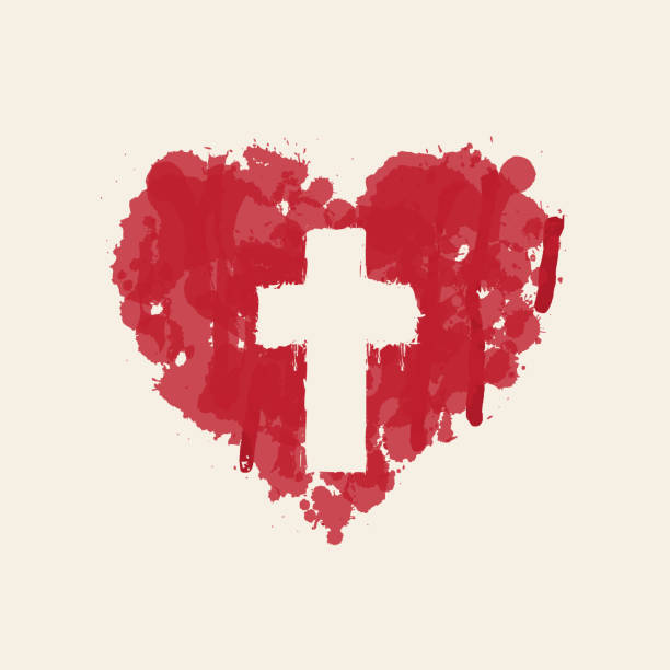 ilustraciones, imágenes clip art, dibujos animados e iconos de stock de cruz cristiana en el corazón rojo abstracto en el interior - adorando a dios