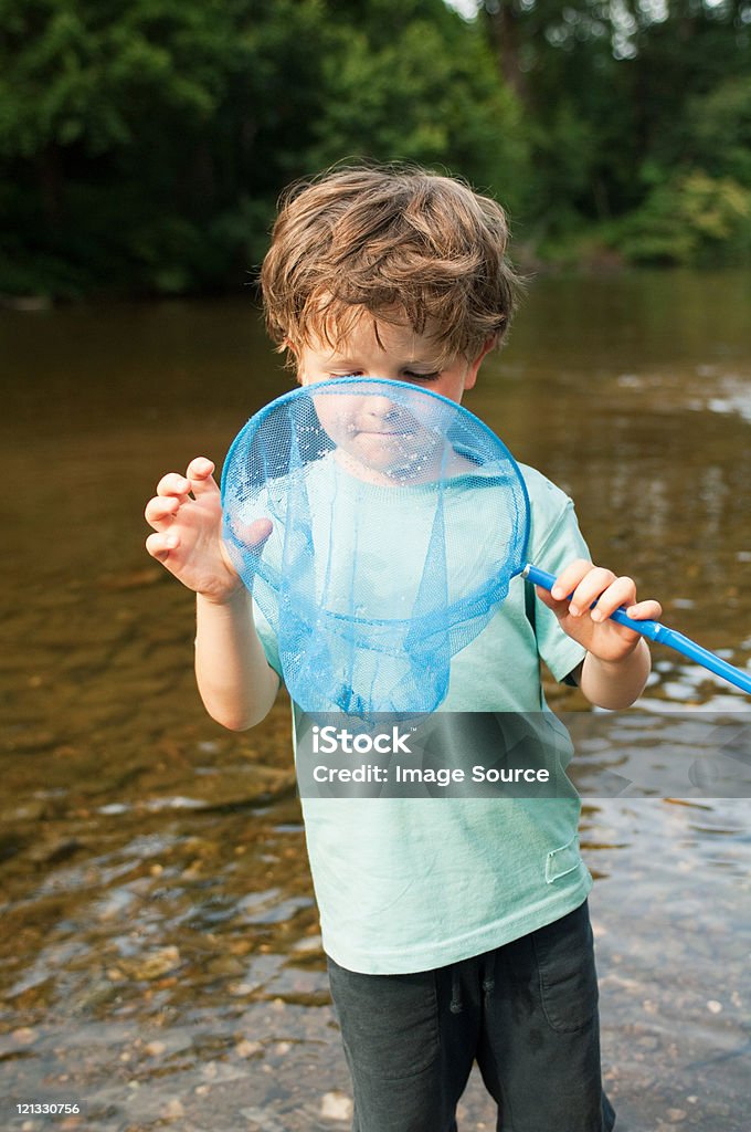 Boy peering into fishing net  Animal Themes Stock Photo