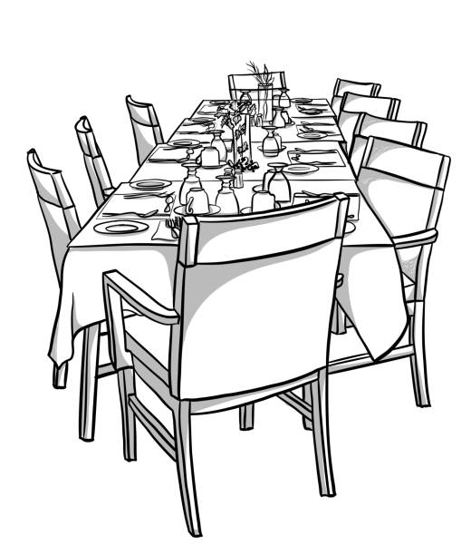 Restaurant Table For Group Large restaurant table and chairs empty or clients but ready with all the dinnerware and glasses. black and white party stock illustrations