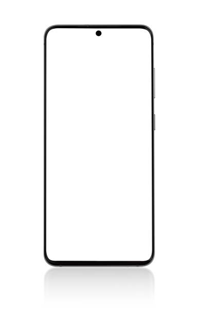 白い画面を持つスマートフォン。白い背景に隔離された空白の画面を持つスマートフォン。 - flagship ストックフォトと画像