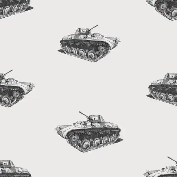 Vector illustration of Seamless background of sketches old battle tank