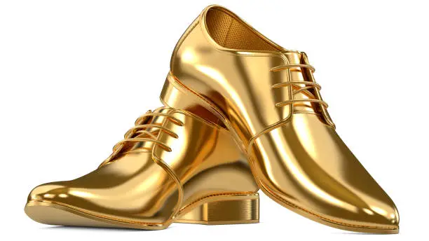 Photo of Golden shoes as a concept of luxury expensive high-quality shoes. 3d rendering illustration of a pair of fashionable gold mens shoes isolated on white background.