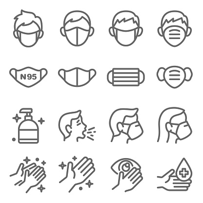 Mask protection virus icon set vector illustration. Contains such icon as clean, sneeze, mask, hand washing, hand sanitizer and more. Expanded Stroke