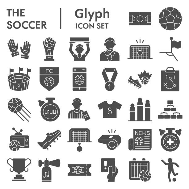 Soccer glyph icon set, football set symbols collection, vector sketches, logo illustrations, computer web signs solid pictograms package isolated on white background, eps 10. Soccer glyph icon set, football set symbols collection, vector sketches, logo illustrations, computer web signs solid pictograms package isolated on white background, eps 10 kicking illustrations stock illustrations