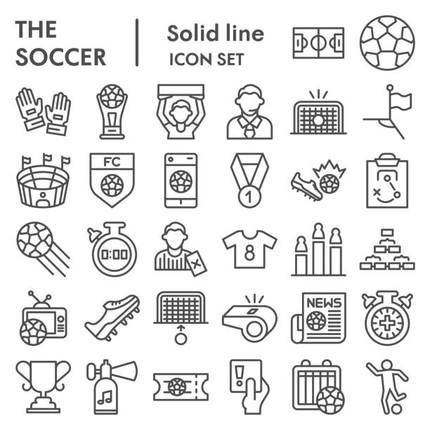 футбол линия значок набор, футбол набор символов коллекции, вектор эскизы, логотип иллюстрации, компьютерные веб-знаки линейных пиктограмм - футбол иллюстрации stock illustrations