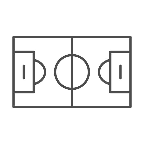 ilustraciones, imágenes clip art, dibujos animados e iconos de stock de icono de línea delgada del campo de fútbol. símbolo de área de juego de fútbol, estilo de contorno pictograma sobre fondo blanco. signo deportivo para concepto móvil y diseño web. gráficos vectoriales. - hockey cesped