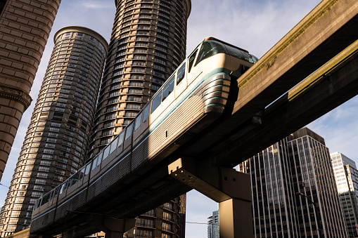 The Seattle Monorail passing through the downtown core.