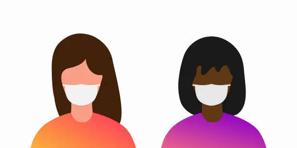 Vector illustration of Young women wear masks. Protect against Covid-19 virus and prevent air dust. Vector illustration