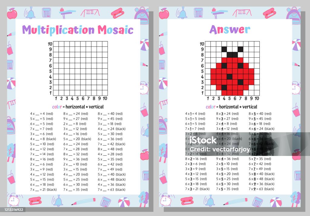 Multiplication Mosaic Math Puzzle Worksheet Educational Game Coloring