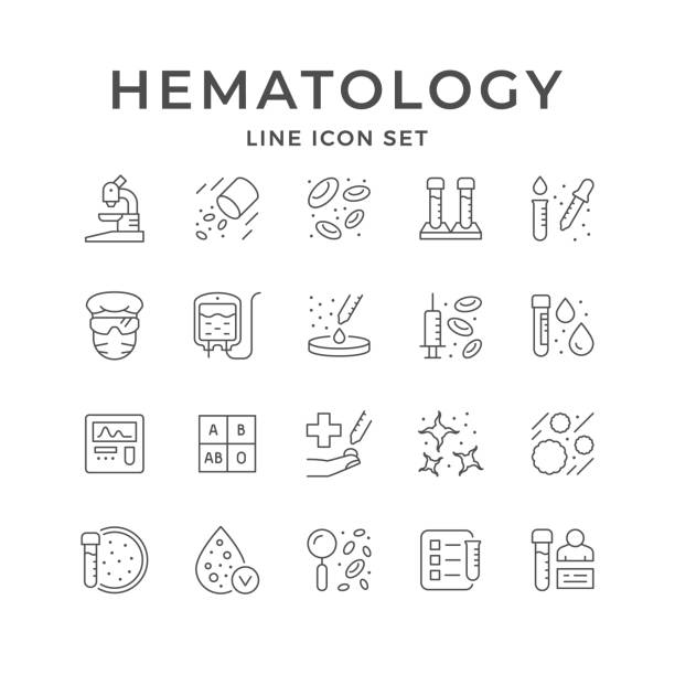 Set line icons of hematology Set line icons of hematology isolated on white. Blood donation, microscope, medical test tube, pipette, syringe, laboratory research, leukocyte, platelet, erythrocyte. Vector illustration red blood cell stock illustrations