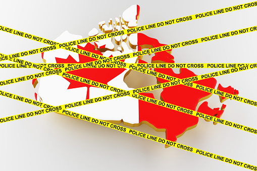 Canada crime concept, police investigation. 3D map of Canada. Map of Canada land border with flag. 3d rendering