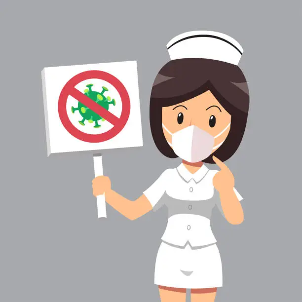 Vector illustration of Air pollution concept female nurse wearing protective with anti virus sign