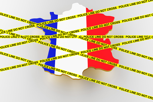 France crime concept, police investigation. 3D map of France. Map of France land border with flag. 3d rendering