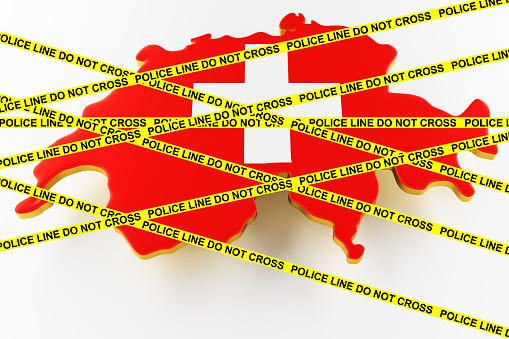 Switzerland crime concept, police investigation. 3D map of Switzerland. Map of Switzerland land border with flag. 3d rendering